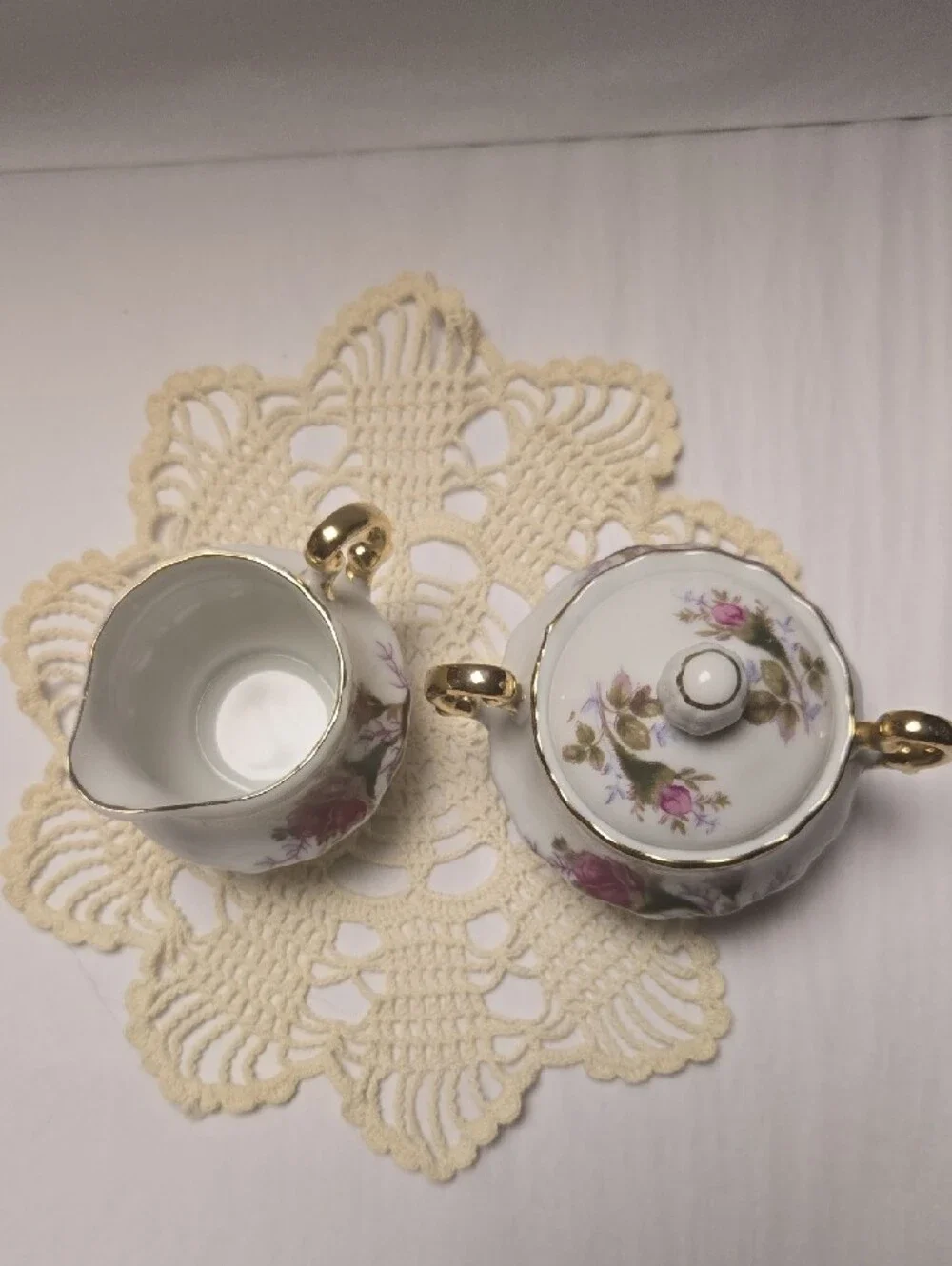 Vintage White Porcelain Creamer and Sugar Set with Pink Floral & Gold Trim